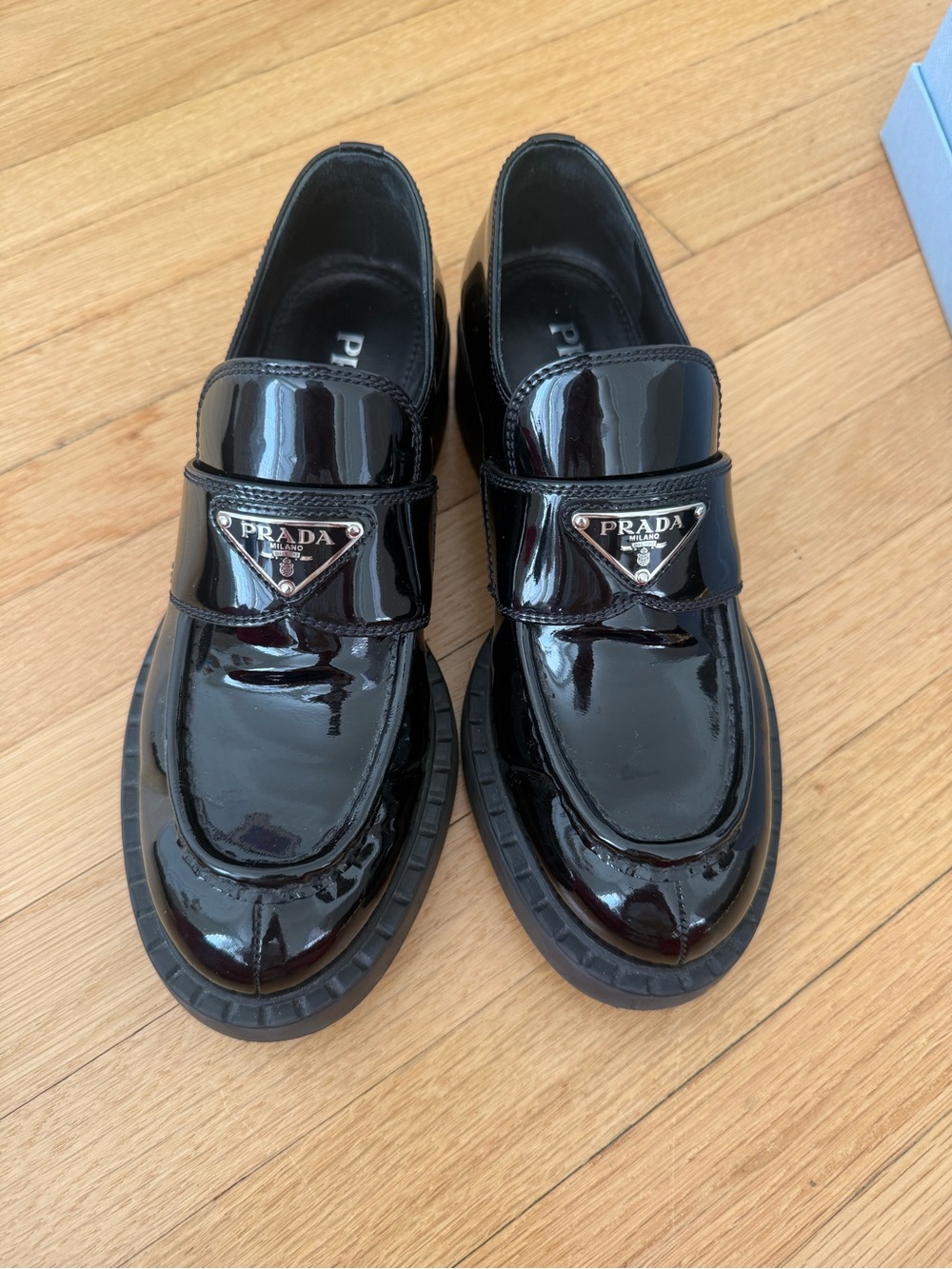 Prada Women’s Black Patent Leather Loafers with Triangle Logo